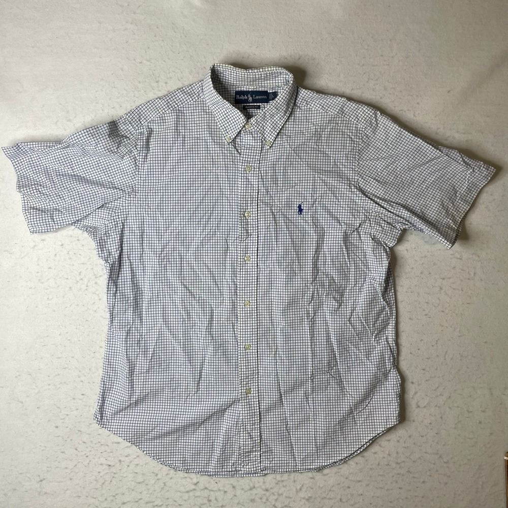 Ralph Lauren Button‎ Down Shirt Large White Blue Plaid Classic Fit Short Sleeve